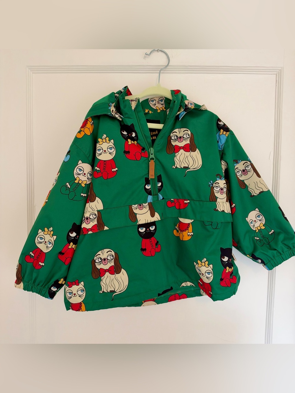 Mini Rodini Green Hooded Raincoat with Playful Pet Print